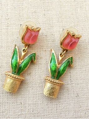 ✨Avon Gold Tulip Pot Drop Earrings - Pink & Green✨Vintage Preloved